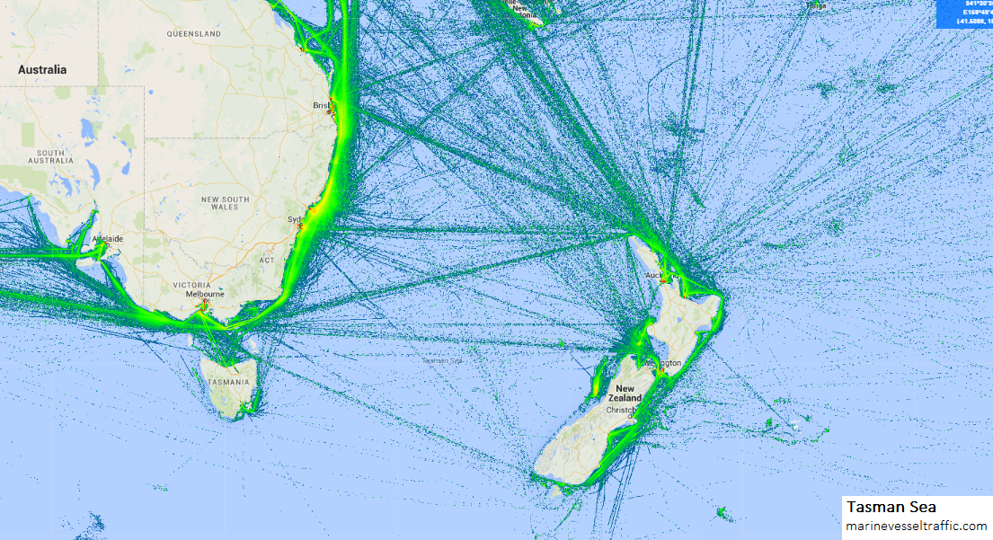 Live Marine Traffic, Density Map and Current Position of ships in TASMAN SEA